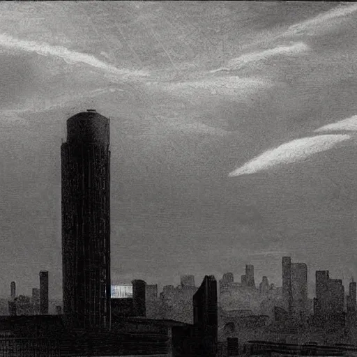 Image similar to an engraving of a storm battering a lighth tower skyscrepper in city downtown by edward hopper