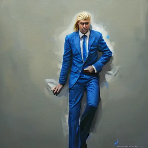 Image similar to greg manchess portrait of a blond man in a blue suit lying on the ground bleeding in an arena, profile picture, organic painting, sunny day, matte painting, bold shapes, hard edges, street art, trending on artstation, by huang guangjian, gil elvgren, ruan jia, randy vargas, greg rutkowski