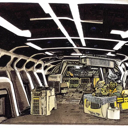 Image similar to photo, interior of a cargo bay, in the style of cowboy bebop, highly detailed and intricate