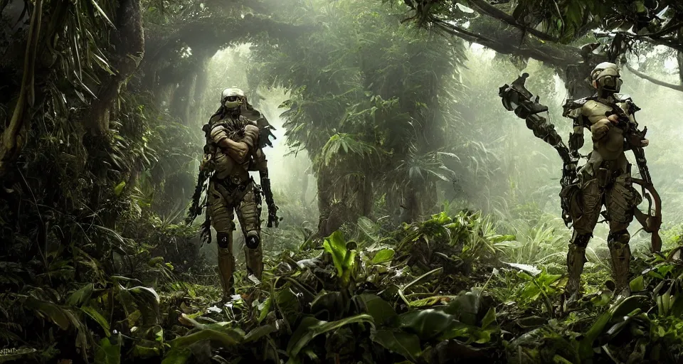 Image similar to wide angle shot of a cyborg soldier in a jungle environment, dramatic lighting, cinematic, octane render, cgsociety, artstation, 4k