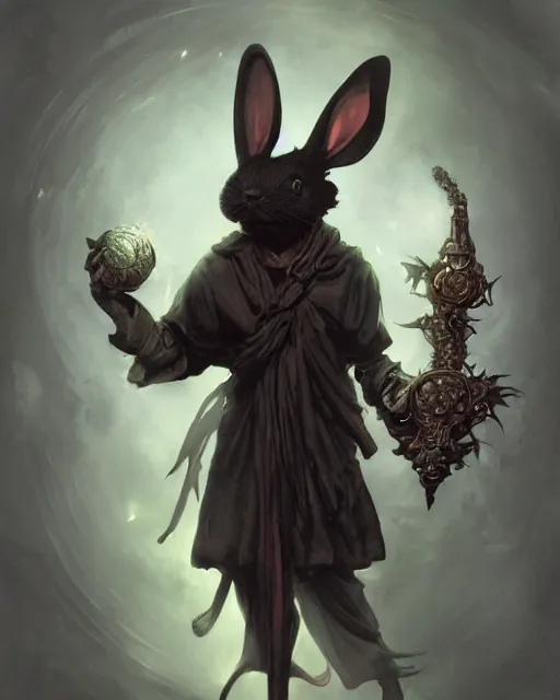 Image similar to Anthropomorphized black rabbit monk, centered, portrait, Path of Exile, Diablo, Warhammer, digital painting, highly detailed, concept art, Nekro, Peter Mohrbacher, Alphonse Mucha, Brian Froud, Yoshitaka Amano, Kim Keever, Victo Ngai, James Jean