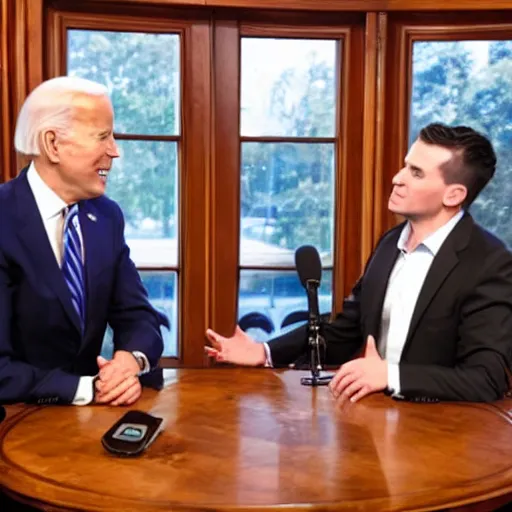 Prompt: nathan fieldier telling joe biden on how to run the country on a podcast show