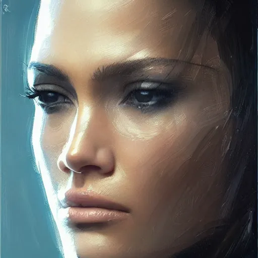 Image similar to “ portrait of jennifer lopez by greg rutkowski, young, attractive, highly detailed portrait, scifi, digital painting, artstation, concept art, smooth, sharp foccus ilustration, artstation hq ”