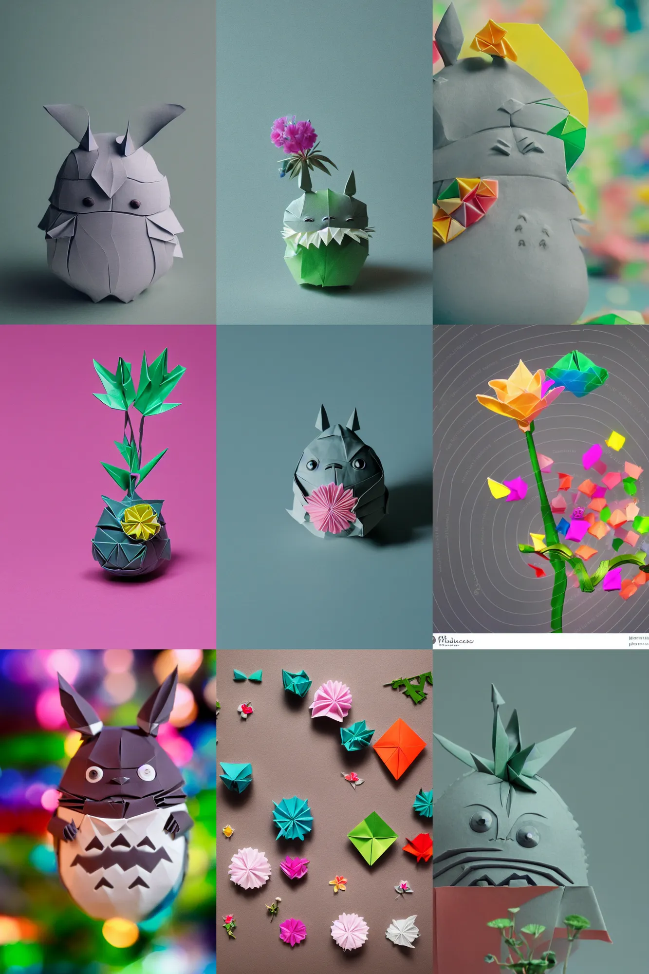 Prompt: totoro in moomi film still with a full still life film still commercial extreme closeup photo of real - life intricate origami rainbow porcelain plant, perfect eyes, tilt shift real - life translucent glass bauhaus origami flower background, cinestill, 8 k