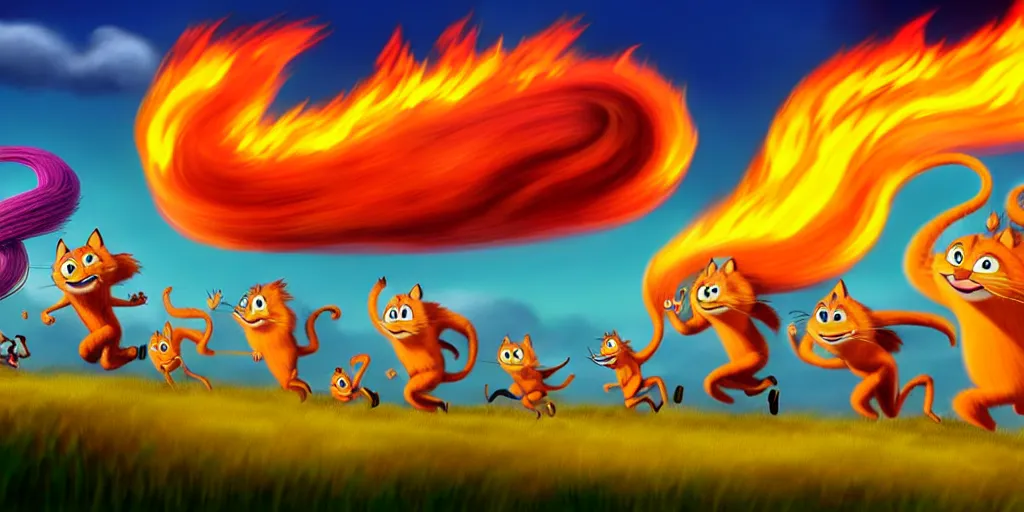 Prompt: cartoon concept art, terrified animal characters running from the fire, spiral clouds, from lorax movie