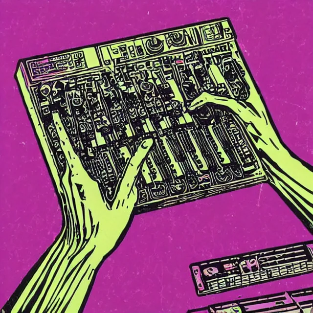 Prompt: psychodelic linocut of a moog synthesizer