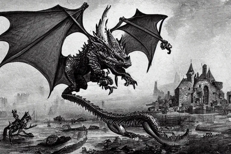 Image similar to very old photo of a dragon attacking the medieval