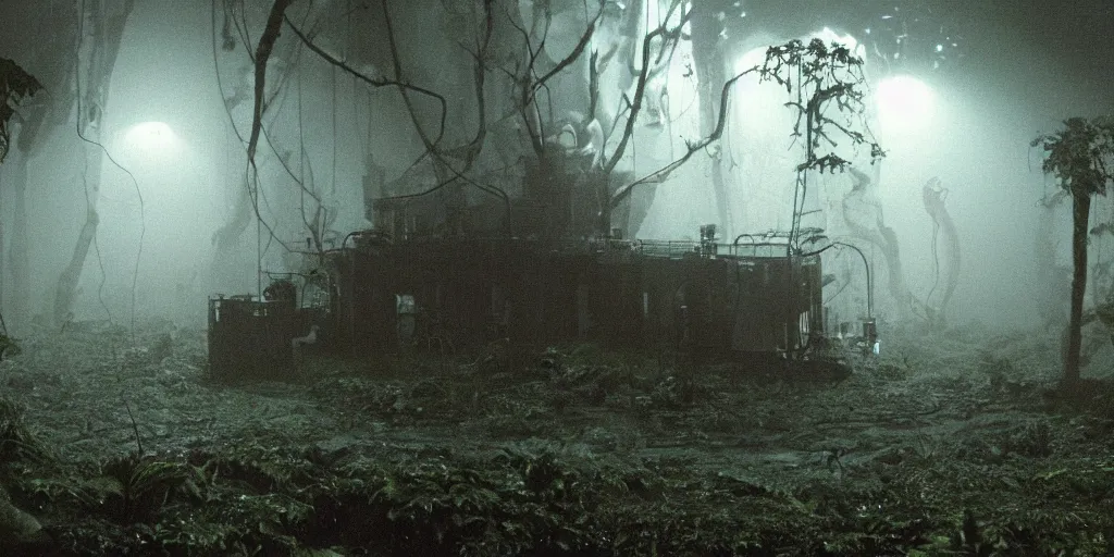 Image similar to film still of a dark scientific research outpost with complicated machinery in a moist foggy jungle, science fiction, ridley scott, lights through fog, futuristic outpost building, wet lush jungle landscape, dark sci - fi, 1 9 8 0 s, beige and dark atmosphere, ridley scott