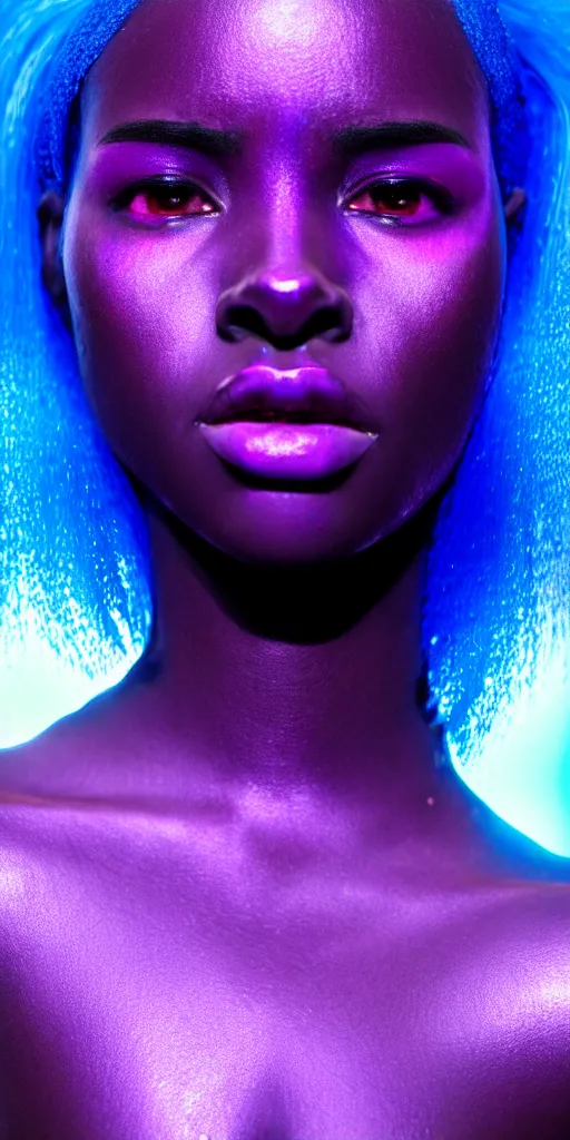 Image similar to hyperrealistic intricate close-up of beautiful african woman with purple hair and pearlescent blue skin james paick machiej kuciara dramatic neon lighting on one side