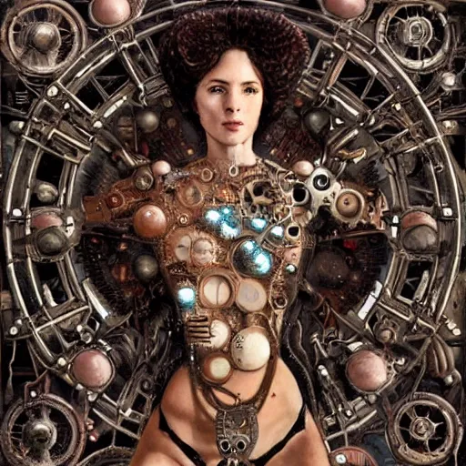 Prompt: A ful body photo of a steampunk beautiful goddess, she half human and half robot, she is embellished with gears wheels and gemstones, by William Holman Hunt, Greg Rutkowski, Stanely Artgerm, Tooth Wu, Peter Gric, Aaron Horkey, trending on Artstation, digital art, mythological, symmetrical artwork, cinematic lighting, hyper realism, high detail, octane render, ultra realistic, golden ratio, 4k, 8k
