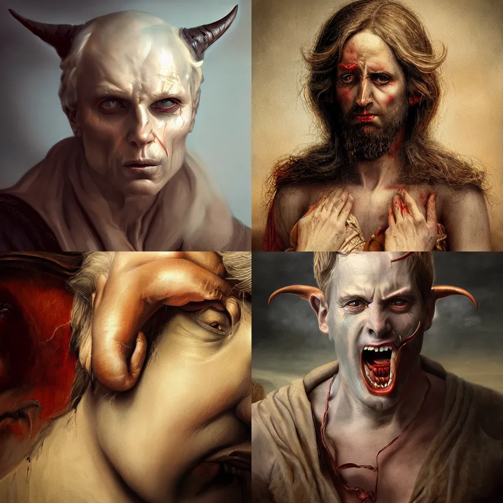 Prompt: illustration of the Devil, realistic painting, classical painting, high definition, digital art, matte painting, very detailed, realistic