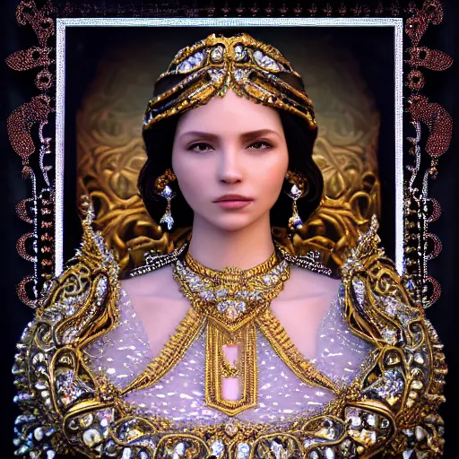 Image similar to portrait of pretty princess with perfect skin, glowing, ornate and intricate diamond jewelry, jaw dropping beauty, ornate and intricate backdrop, white accent lighting, hyper detailed, 4 k octane render