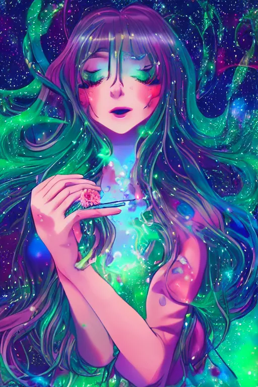 Image similar to psychedelic, whimsical, anime, 4k, beautiful intimate woman blowing smoke, with professional makeup, long trippy hair, a crystal and flower dress, sitting in a reflective pool, surrounded by gems, underneath the stars, rainbow fireflies, trending on patreon, deviantart, twitter, artstation, volumetric lighting, heavy contrast, art style of Ross Tran and Ilya Kuvshinov