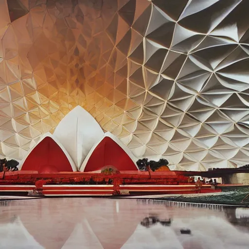 Image similar to futuristic lotus temple space station with gold, red and white marble panels, by buckminster fuller and syd mead, intricate contemporary architecture, photo journalism, photography, cinematic, national geographic photoshoot