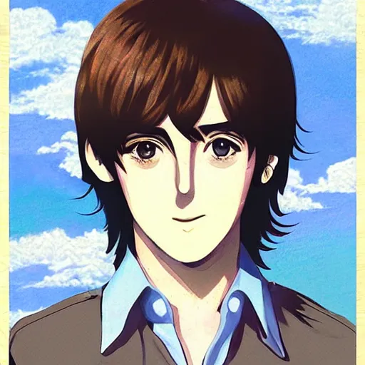 Prompt: anime illustration of young Paul McCartney from the Beatles, wearing a blue check shirt, long sideburns, ufotable