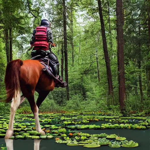 Image similar to A photo of an astronaut riding a horse in the forest. There is a river in front of them with water lilies.