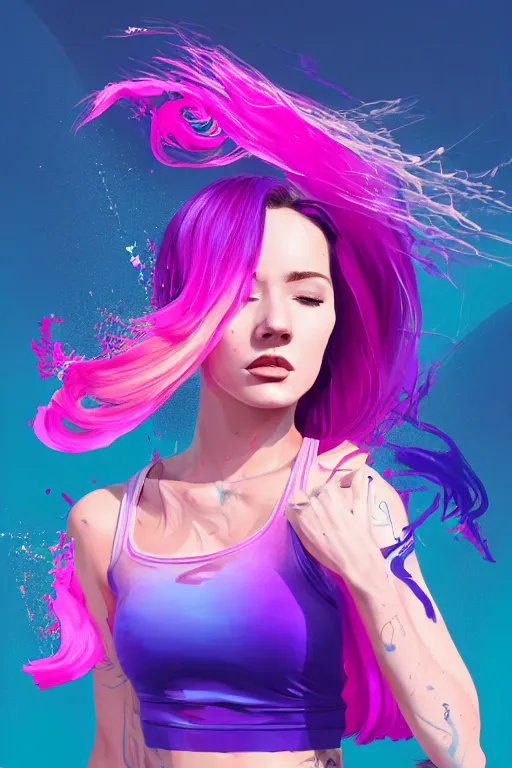 Image similar to a award winning half body porttrait of a beautiful woman in a croptop and cargo pants with ombre purple pink teal hairstyle with head in motion and hair flying, paint splashes, outrun, vaporware, shaded flat illustration, digital art, trending on artstation, highly detailed, fine detail, intricate