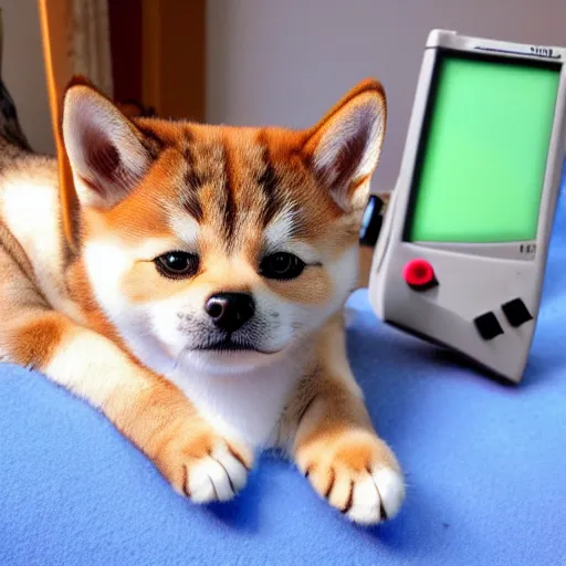 Image similar to a cat shiba inu playing a gameboy