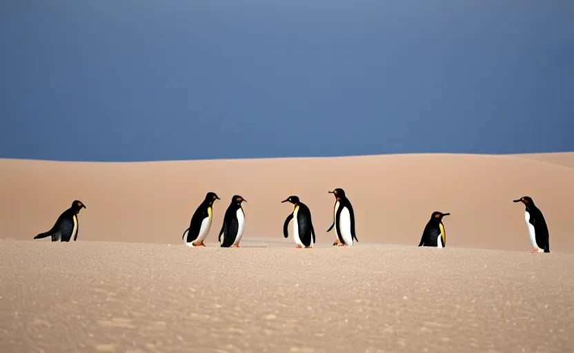 Image similar to penguins in sand dunes, photography