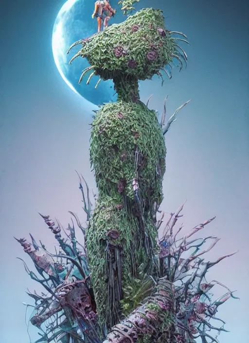 Image similar to blockchain headquater nendroid ginoid by zdzislaw beksinski and hajime sorayama lush plants and spiky bones everywhere, the moon is big an in the city, glowing paper lanterns, high fashion, magic details, by james jean, hd, 8 k, trending on artstation, uhd