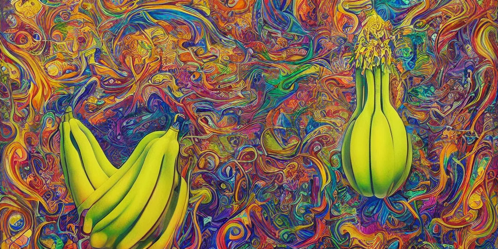 Image similar to banana hat, acrylic on canvas, realism movement, breathtaking detailed, by android jones, alex grey, chris dyer, and aaron brooks, photorealistic