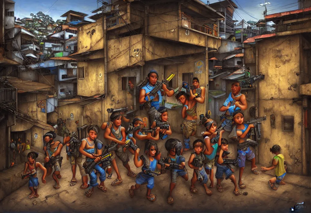 Image similar to photorealistic favela rio with guns and kids in by Justin Gerard