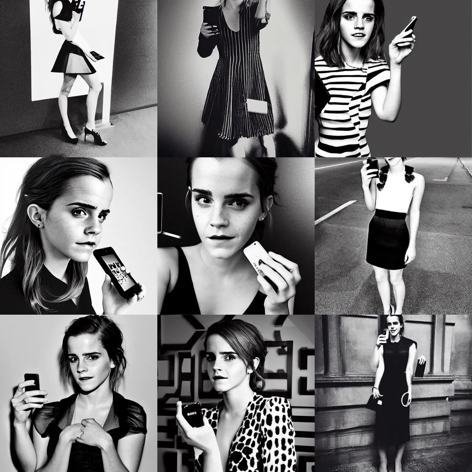 Prompt: Emma Watson in a black and white dress holding up a cell phone, a photo, trending on Instagram, optical illusion, hd, 3d
