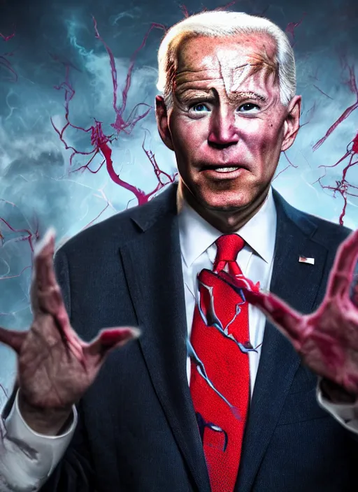Image similar to hyper realistic ultra realistic chaos magic photo Doom furious glowing red eyes biden, high quality photo, detailed , 8k