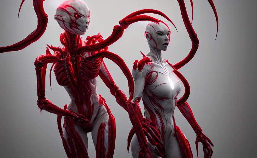 Image similar to stunning symmetric full body character image, woman, predator, Protoss, human, Tsutomu Nihei, 3d octane render, unreal engine, hyper realistic, realistic, white bone armor, soft illumination, human facial features, surrounded in red glowing tendrils of whispy smoke, trending artstation, 4K, insane