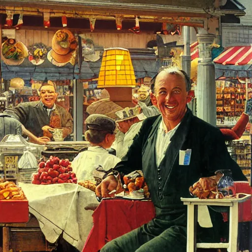 Image similar to a smiling merchant serving his customers at the fair artwork by Norman Rockwell, cinematic composition