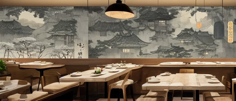 Prompt: a beautiful interior view illustration of a small roasted string hotpot restaurant in yan'an city, restaurant wall paper is a tower on a mountain, rectangle white porcelain table, people are eating, black chair, animation illustrative style, from china, simple style structure decoration design, victo ngai, james jean, 4 k hd