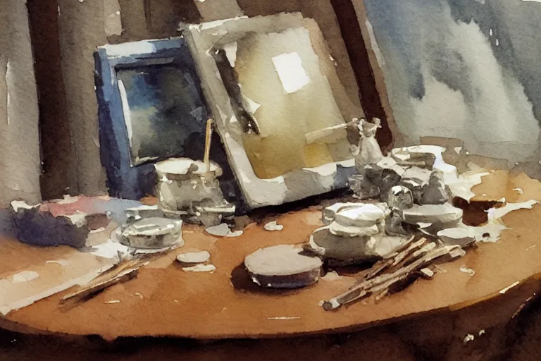 Prompt: small centered on watercolor paper, paint brush strokes, abstract watercolor painting of silver coins on polished oak table, sticks, cinematic light, american romanticism by hans dahl, by jesper ejsing, by anders zorn, by greg rutkowski, by greg manchess, by tyler edlin