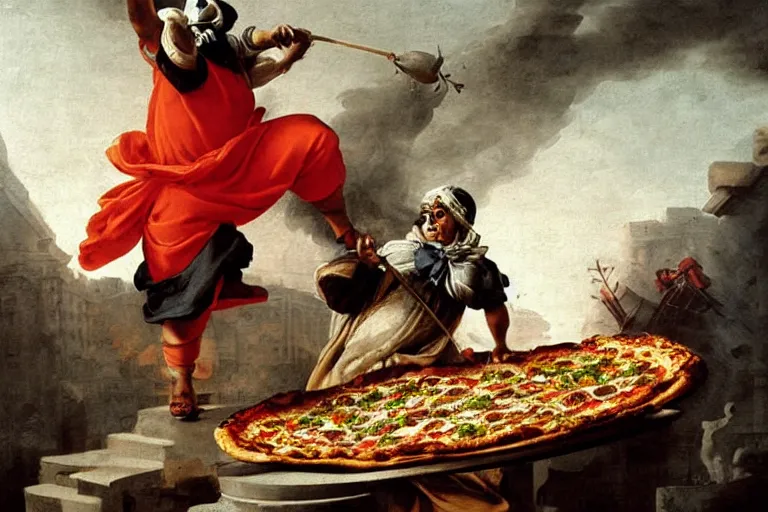 Prompt: a highly detailed menacing painting of pulcinella!!! from naples with a pizza!! and lots of fire, a volcano and dark smoke, an ultrafine painting by giovanni domenico tiepolo, dramatic lighting, trending on deviantart, sharp focus, octane, masterpiece