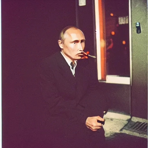 Prompt: retro photograph of a Putin smoking a cigarette in Japan at night, Kodak film photo