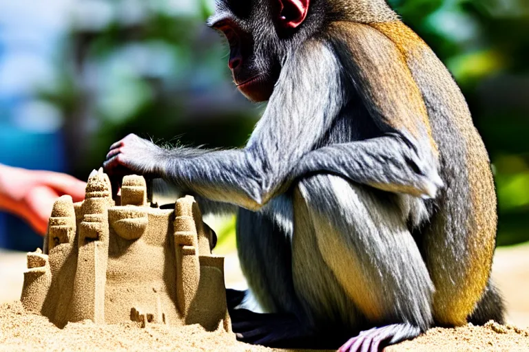 Prompt: a primate touching a completed sand castle