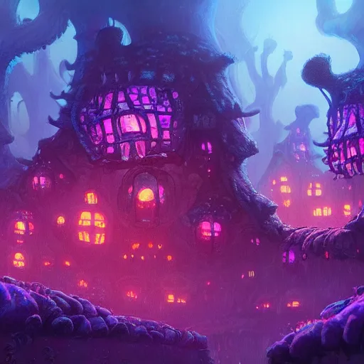 Image similar to concept art detailed painting of a dark purple fantasy fairytale fungal town made of mushrooms, with glowing blue lights, in the style of jordan grimmer and neil blevins and wayne barlowe