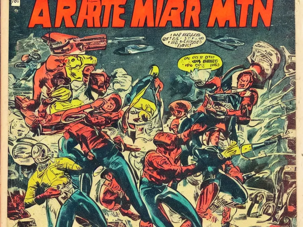 Prompt: vintage space comic martian criminals, higly detailed