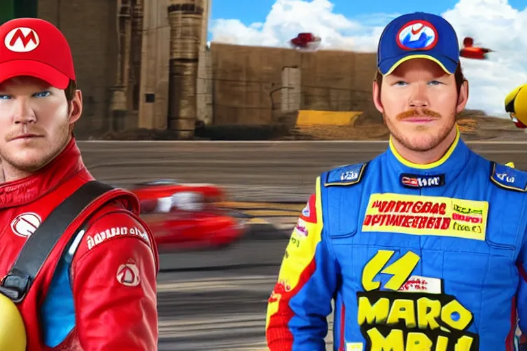 Prompt: chris pratt as super mario, nascar, hyper-realistic