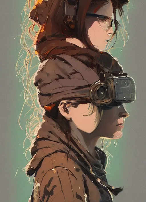 Image similar to highly detailed portrait of a cloudpunk young seattle lady, tartan hoody, by atey ghailan, by greg rutkowski, by greg tocchini, by james gilleard, by joe fenton, by kaethe butcher, gradient green, brown, blonde crea, orange, brown and white color scheme, grunge aesthetic!!! ( ( graffiti tag wall background ) )