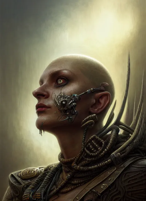 Image similar to closeup portrait shot of a warrior in a scenic dystopian environment, intricate, elegant, highly detailed, centered, digital painting, artstation, concept art, smooth, sharp focus, illustration, artgerm, tomasz alen kopera, peter mohrbacher, donato giancola, joseph christian leyendecker, wlop, boris vallejo