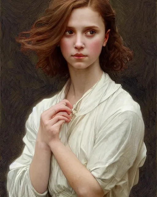 Prompt: a realistic portrait painting of a thoughtful girl resembling a young, shy, redheaded alicia vikander or millie bobby brown wearing a clear raincoat, highly detailed, intricate, concept art, artstation, by donato giancola, alphonse mucha, and william bouguereau