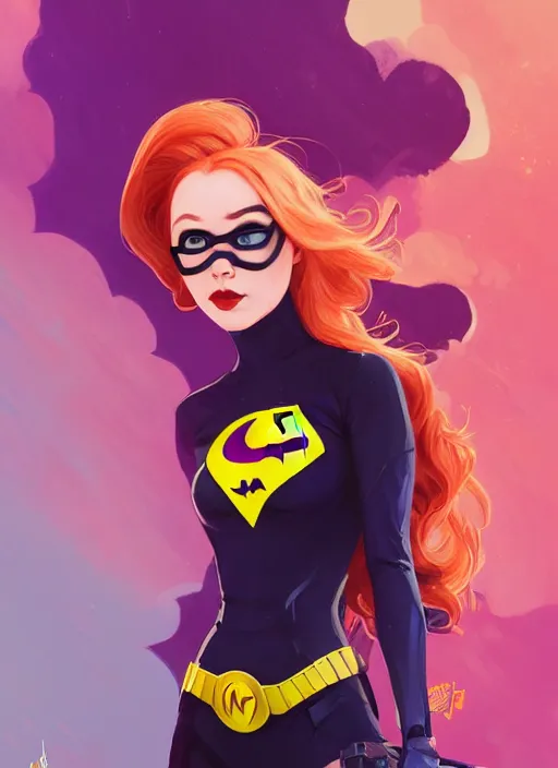 Image similar to molly quinn as batgirl, action pose, character concept art, trending on artstation, highly detailed, high quality, digital painting, alena aenami, lilia alvarado, shinji aramaki, karol bak, alphonse mucha, tom bagshaw