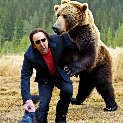 Prompt: nicolas cage fighting a bear