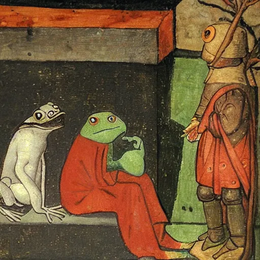 Image similar to frog watching tv, medieval painting,