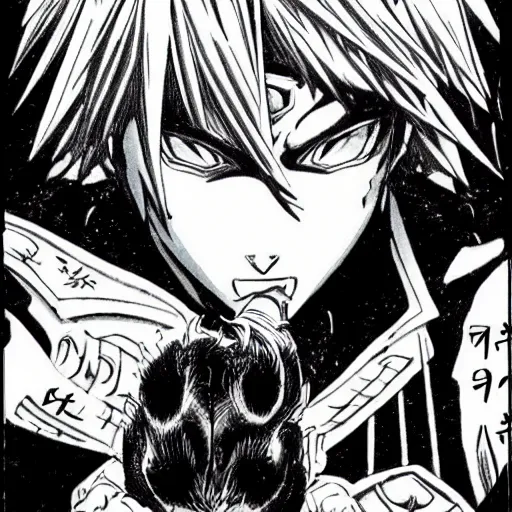 Image similar to pen and ink!!!! attractive 22 year old kakashi Gantz monochrome!!!! Frank Zappa x Daniel Radcliff highly detailed manga Vagabond!!!! telepathic floating magic swordsman!!!! glides through a beautiful!!!!!!! battlefield magic the gathering dramatic esoteric!!!!!! pen and ink!!!!! illustrated in high detail!!!!!!!! graphic novel!!!!!!!!! by Hiroya Oku!!!!!!!!! MTG!!! award winning!!!! full closeup portrait!!!!! action manga panel