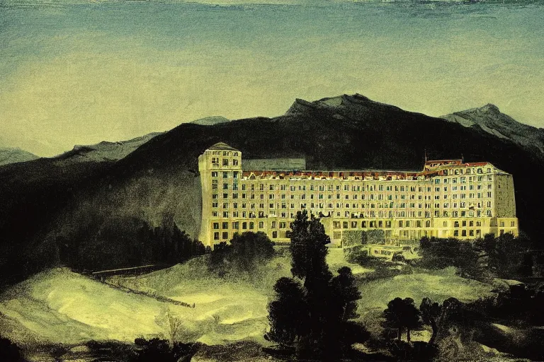 Image similar to The Shining Overlook Hotel, painted by Goya