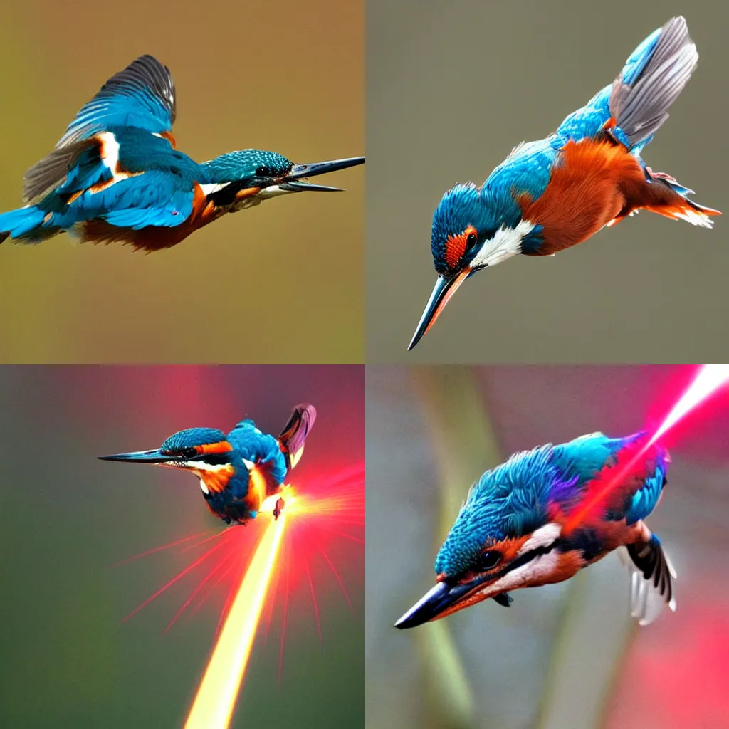 Prompt: A kingfisher shoots red laser beams from its eyes