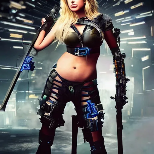 Image similar to full body photo of kate upton as a cyberpunk warrior with weapons