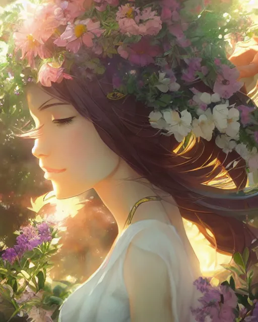 Prompt: the goddess of flowers, full shot, atmospheric lighting, detailed face, by makoto shinkai, stanley artgerm lau, wlop, rossdraws