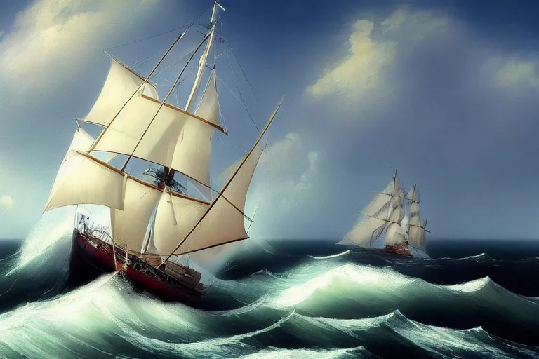 Prompt: a beautiful yacht with full sail’s, sunny day with puffy clouds and heavy waves, low camera angle, in style of Aivazovsky, epic lighting, ultra realistic, 4k, hyper details, cinematic, sharp edges,